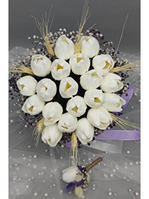 Hayalperest Boncuk Yapay Beyaz Laleli Mor Cipsolu Gelin Buketi ve Damat Çiçeği 20 Adet Lale
