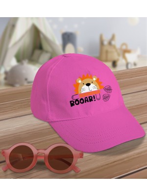 Bk Kids Roar Tasarımlı Pembe Cotton Çocuk Şapkası ve Pembe Çocuk Güneş Gözlüğü Hediye Seti