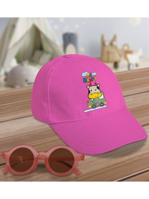 Bk Kids Be Happy Tasarımlı Pembe Cotton Çocuk Şapkası ve Pembe Çocuk Güneş Gözlüğü Hediye Seti
