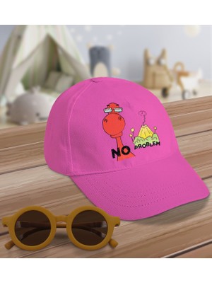 Bk Kids No Problem Tasarımlı Pembe Cotton Çocuk Şapkası ve Sarı Çocuk Güneş Gözlüğü Hediye Seti