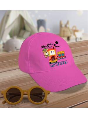 Bk Kids Tren Tasarımlı Pembe Cotton Çocuk Şapkası ve Sarı Çocuk Güneş Gözlüğü Hediye Seti