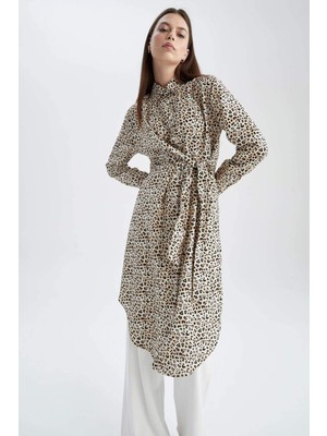 DeFacto Regular Fit Gömlek Yaka Leopar Desenli Uzun Kollu Tunik X6548AZ22AU