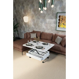 Oslo Ahşap Orta Sehpa Tekerli ve Çekmeceli Antik Beyaz Renk