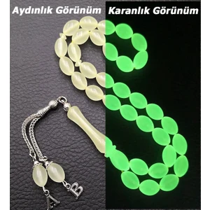 Özel Harf Püsküllü Fosforlu Kedi Gözü Toz Kehribar Tesbih DGN11141