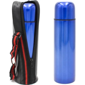 Deri Çantalı Mavi Renk Çelik Termos 500ML