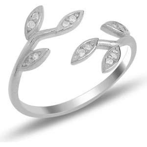 Söğütlü Silver Gümüş Rodyumlu Zirkon Taşlı Üstten Ayarlamalı Yaprak Yüzük