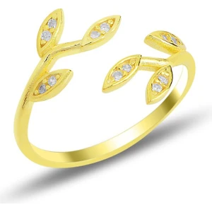 Söğütlü Silver Gümüş Altın Yaldızlı Zirkon Taşlı Üstten Ayarlamalı Yaprak Yüzük