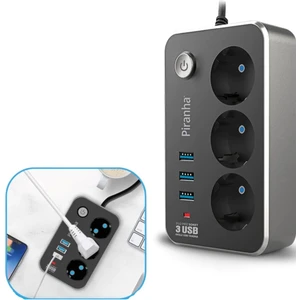 Buffer® Isıya Dayanıklı Termal Akım Korumalı 2 Metre 10A 2500W 3lü Priz ve 3 USB Li 2.1A Uzatma Kablosu