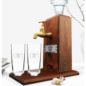 Kişiye Özel Ikili Rakı Bardağı ve Musluklu Doğal Ahşap Rakı Standı - Ceviz