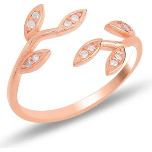 Söğütlü Silver Gümüş Rose Zirkon Taşlı Üstten Ayarlamalı Yaprak Yüzük