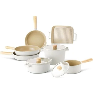 Fika Alüminyum Döküm 10 Parça Bej Cam Kapaklı Tencere Tava Seti