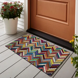 Zigzag Nakış Desenli Dijital Baskılı 50X70CM Dekoratif Çok Amaçlı Iç ve Dış Kapı Paspası