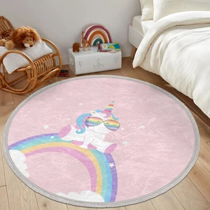 Pembe Zeminde Unicorn Tasarımlı Çocuk & Genç Odası Makinede Yıkanabilir Kaymaz Tabanlı Püsküllü Yuvarlak Çocuk Halısı