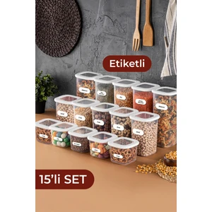 Etiketli Foly Kare Erzak Saklama Kabı 15'li Set 5x(0,55 Litre, 1,2 Litre, 1,75 Litre) Beyaz