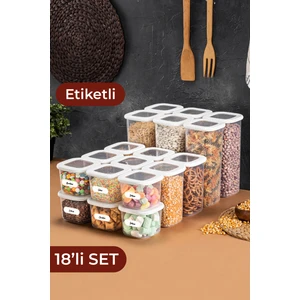 Etiketli Foly Kare Erzak Saklama Kabı 18'li Set 6x(0,55 Litre, 1,2 Litre, 1,75 Litre)Beyaz
