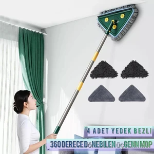 4 Bezli Üçgen Mop Cam Parke Fayans Temizleme , Mikrofiber Teleskopik Sap