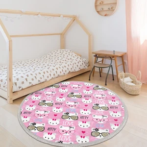Hello Kitty Motifli Çocuk & Genç Odası Makinede Yıkanabilir Kaymaz Tabanlı Püsküllü Yuvarlak Çocuk Halısı