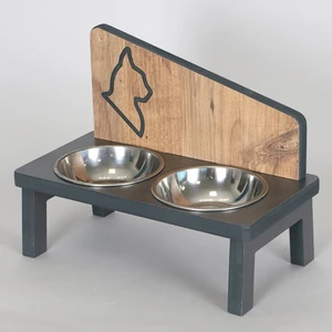2 Çelik Kaseli Demonte Ahşap Kedi Mama ve Su Kabı
