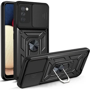 Samsung Galaxy A03S Kılıf Tank Aramid Sürgülü Vega Yüzüklü+Nano Siyah