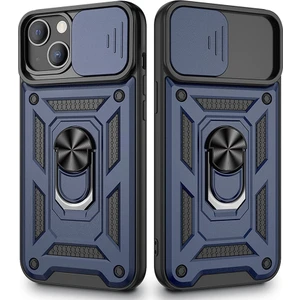 Apple iPhone 13 Kılıf Tank Aramid Sürgülü Vega Yüzüklü+Nano Lacivert