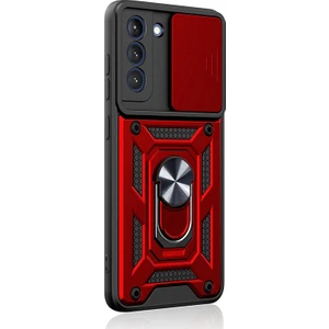 Samsung Galaxy S21 Fe Kılıf Tank Aramid Sürgülü Vega Yüzüklü+Nano Kırmızı