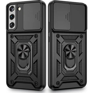 Samsung Galaxy S22 Kılıf Tank Aramid Sürgülü Vega Yüzüklü+Nano Siyah