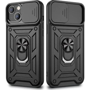 Case Street Apple iPhone 13 Kılıf Tank Aramid Sürgülü Vega Yüzüklü+Nano Siyah