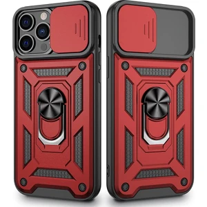 Apple iPhone 13 Pro Kılıf Tank Aramid Sürgülü Vega Yüzüklü+Nano Kırmızı