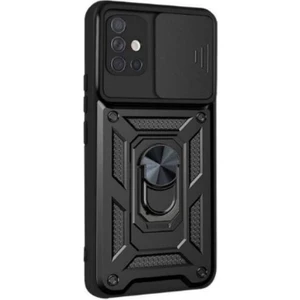 Samsung Galaxy A51 Kılıf Tank Aramid Sürgülü Vega Yüzüklü+Nano Siyah