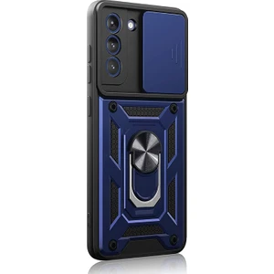 Samsung Galaxy S21 Fe Kılıf Tank Aramid Sürgülü Vega Yüzüklü+Nano Lacivert