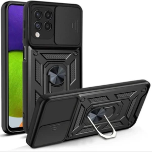 Samsung Galaxy A22 4g Kılıf Tank Aramid Sürgülü Vega Yüzüklü+Nano Siyah