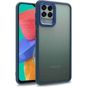 Case World Samsung Galaxy M33 ile Uyumlu Kapak Metal Kamera Korumalı Arkası Şeffaf Silikon ile Uyumlu Kılıf - Mavi