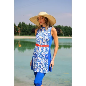 Kadın Parlament Çiçek Desenli Kemer Detaylı Tasarım Yarı Kapalı Mayo M2202