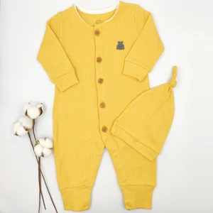 Bebek Star Fitilli Şapkalı Hardal Bebek Tulumu %100 Cotton