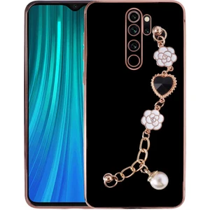 M.TK Moveteck Xiaomi Redmi Note 8 Pro Kılıf Kamera Korumalı Parlak Gold Kenar Kristal Taşlı Arkası Bileklikli Tutacaklı Silikon
