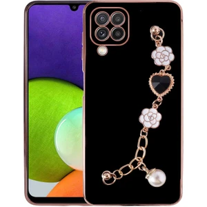 M.TK Moveteck Samsung Galaxy A22 Kılıf Kamera Korumalı Parlak Gold Kenar Kristal Taşlı Arkası Bileklikli Renkli Tutacaklı Silikon