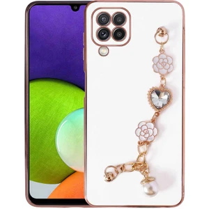 M.TK Moveteck Samsung Galaxy A22 Kılıf Kamera Korumalı Parlak Gold Kenar Kristal Taşlı Arkası Bileklikli Renkli Tutacaklı Silikon