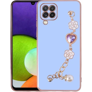 M.TK Moveteck Samsung Galaxy A22 Kılıf Kamera Korumalı Parlak Gold Kenar Kristal Taşlı Arkası Bileklikli Renkli Tutacaklı Silikon