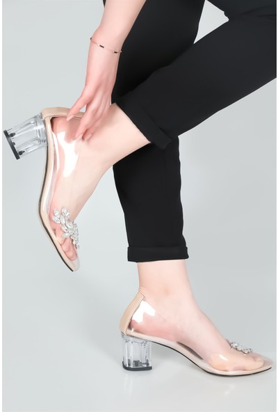 Carla Bella 7 cm Şeffaf Topuklu Taşlı Stiletto Ten Kadın Ayakkabı Soltana