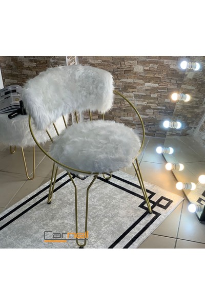 Carneil 1ADET 45 cm Leno Metal Gold Ayaklı Beyaz Peluş Sandalye, Leno Gold Peluş Makyaj Sandalyesi LENO7425