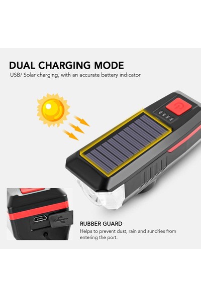 Sarfex Güneş Enerjili USB Şarjlı Bisiklet Lambası Solar Fener Ön Far Işık Aydınlatma Kornalı