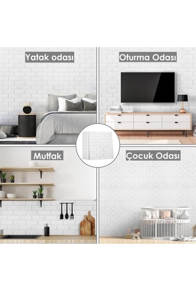 Renkli Duvarlar Kendinden Yapışkanlı 3D Tuğla Duvar Paneli Beyaz 77*70 cm 0,53M2