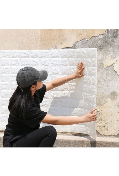 Renkli Duvarlar Kendinden Yapışkanlı 3D Tuğla Duvar Paneli Beyaz 77*70 cm 0,53M2