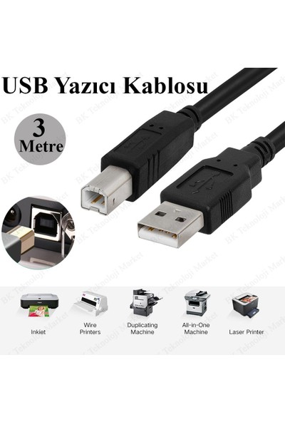 3 Metre USB Yazıcı Kablosu Hp- Canon-Brother Printer Kablo