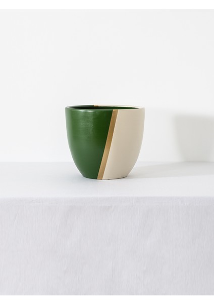 Modern El Yapımı Özel Tasarım Yeşil Beyaz Seramik Saksı 11X11X9 cm