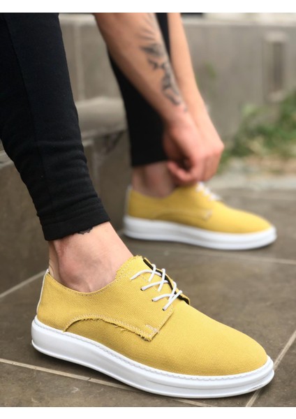 BA0003 Bağcıklı Klasik Spor Keten Sarı Beyaz Yüksek Taban Casual Erkek Ayakkabı