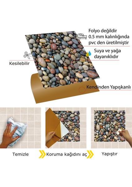 Kendinden Yapışkanlı Çakıl Taşı Desenli Silinebilir Pvc Karo 30x30 cm 11 Adet 1m2