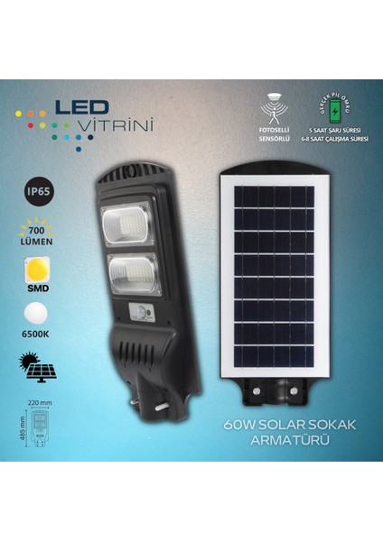 60W Sensörlü Solar Sokak Armatürü