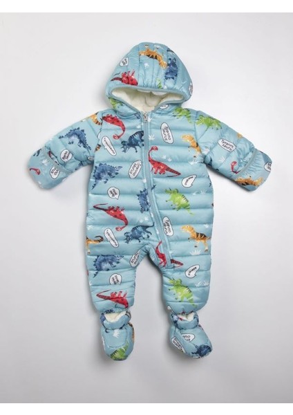 Dinazor Desenli Mavi Kışlık Çıkarılabilir Ayaklı Gizli Eldivenli Kapüşonlu Kozmonot Tulum