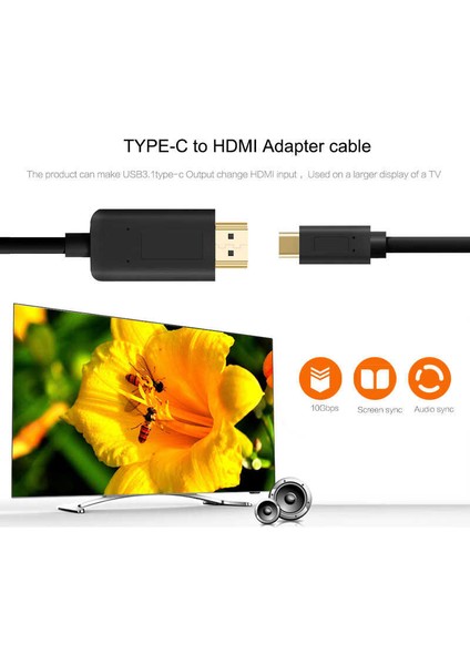 Qgeem QG-UA11 Type-C To HDMI 4K Kablo 180 cm - Hdcp Özelliği - 10 Gbps Görüntü Aktarım Kablosu